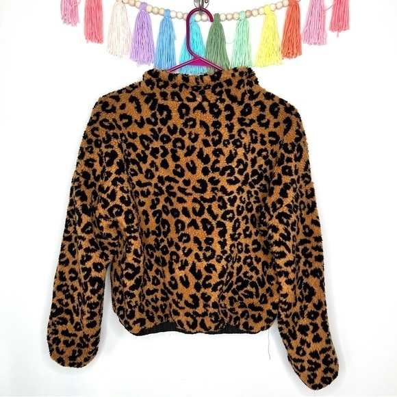 Full Tilt Faux Shearling Sherpa Cropped 1/4 Zip Leopard Pullover Popover NWT - Picture 8 of 11